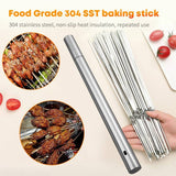 Stainless steel barbecue skewer storage tube with charcoal grill skewers and flat BBQ fork, heat-insulating and corrosion-resistant.