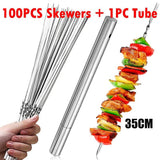 100-piece stainless steel barbecue skewers with storage tube and spiral design for charcoal grilling.