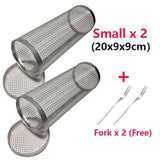 Stainless steel barbecue skewer storage tube with 2 free flat BBQ forks, portable and durable for kitchen use.