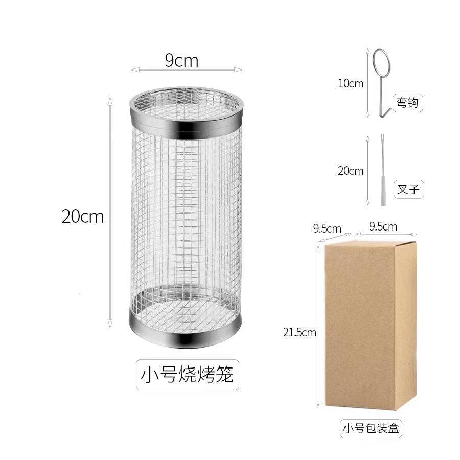 BBQ rack cooking grill with stainless steel, outdoor rolling grilling basket, designed for compact and efficient barbecuing.