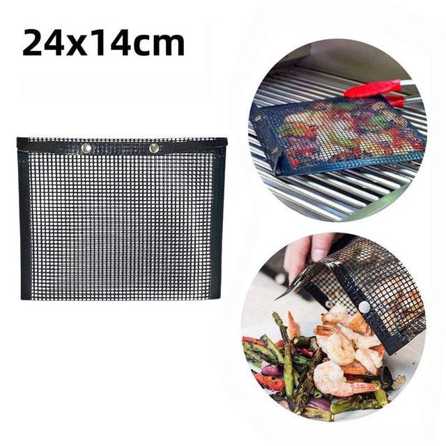 BBQ rack cooking grill with stainless steel rolling basket, ideal for outdoor grilling and camping.