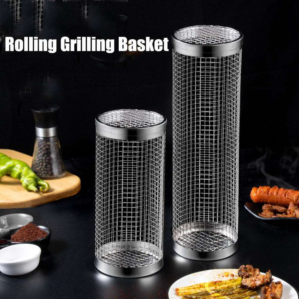 Stainless steel BBQ rolling grill basket for outdoor cooking.
