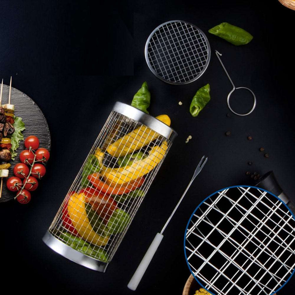Stainless steel BBQ rack rolling grilling basket with vegetables, ideal for outdoor cooking.
