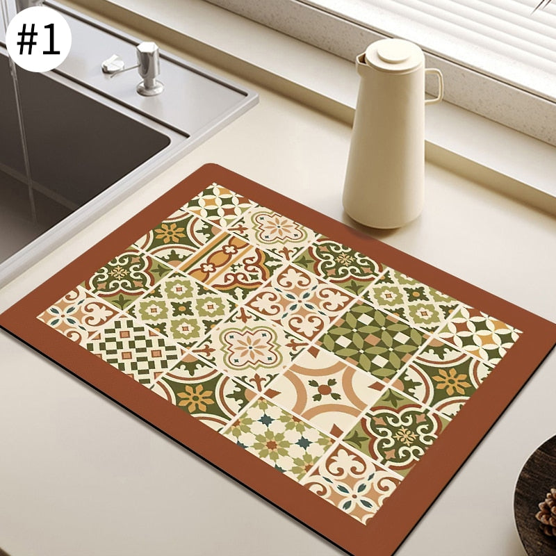 Kitchen dish drying mat with absorbent crystal velvet material featuring a colorful tiled design.