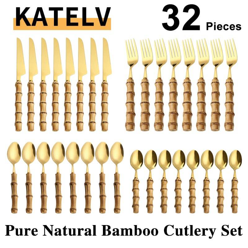 32 piece bamboo handle stainless steel flatware set, featuring knives, forks, and spoons.