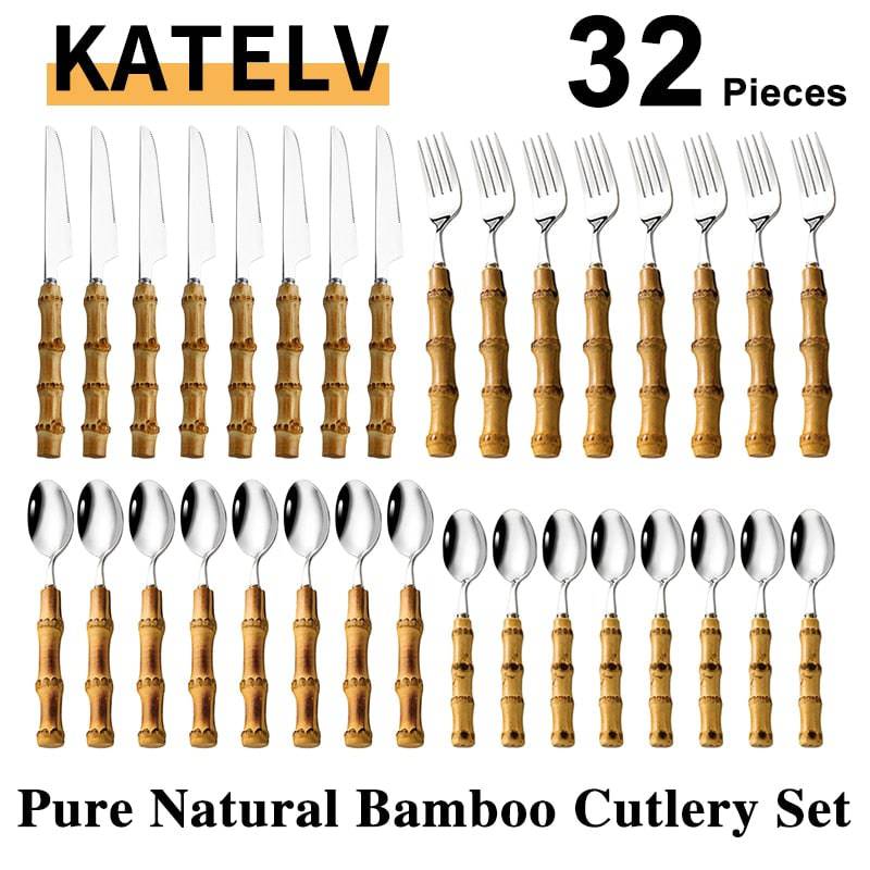 32-piece tableware set with stainless steel and bamboo handles, includes knives, forks, spoons, and dessert spoons.