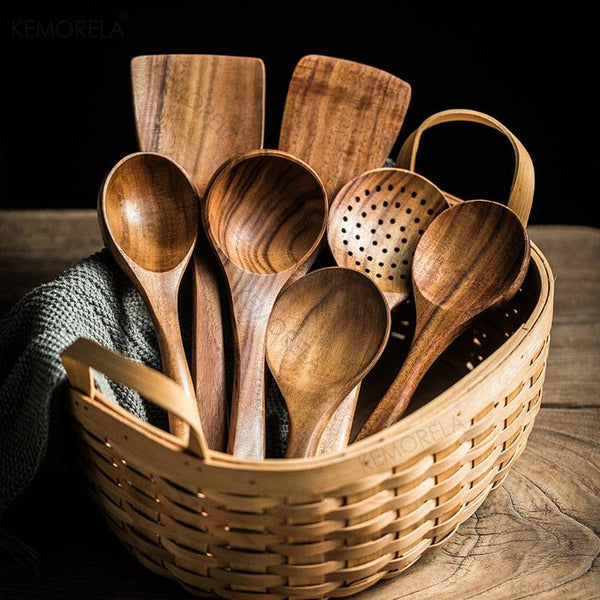 Thailand Teak Natural Wood Tableware Spoon Ladle Turner Long Rice Colander Soup Skimmer Cooking Spoons Scoop Kitchen Tool Set - Culinarywellbeing