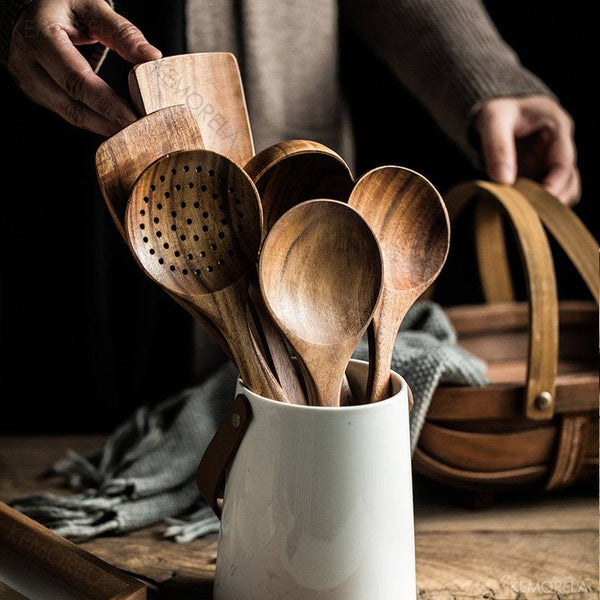 Thailand Teak Natural Wood Tableware Spoon Ladle Turner Long Rice Colander Soup Skimmer Cooking Spoons Scoop Kitchen Tool Set - Culinarywellbeing