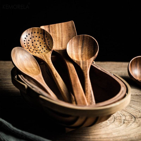 Thailand Teak Natural Wood Tableware Spoon Ladle Turner Long Rice Colander Soup Skimmer Cooking Spoons Scoop Kitchen Tool Set - Culinarywellbeing