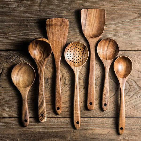 Thailand Teak Natural Wood Tableware Spoon Ladle Turner Long Rice Colander Soup Skimmer Cooking Spoons Scoop Kitchen Tool Set - Culinarywellbeing