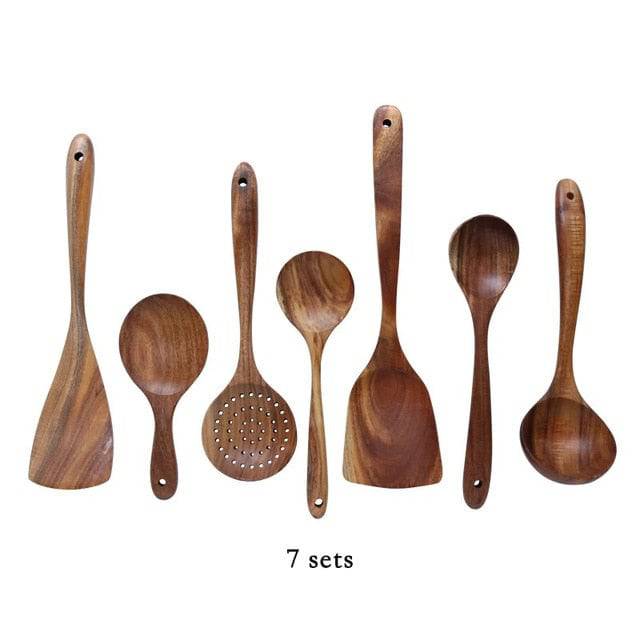 Thailand Teak Natural Wood Tableware Spoon Ladle Turner Long Rice Colander Soup Skimmer Cooking Spoons Scoop Kitchen Tool Set - Culinarywellbeing