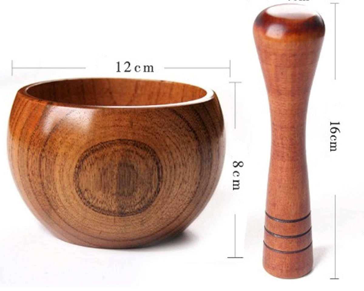 Bamboo wooden mortar and pestle set for grinding spices and herbs, jujube wood, stylish kitchen tool with measurements shown, 4.9-star rating.