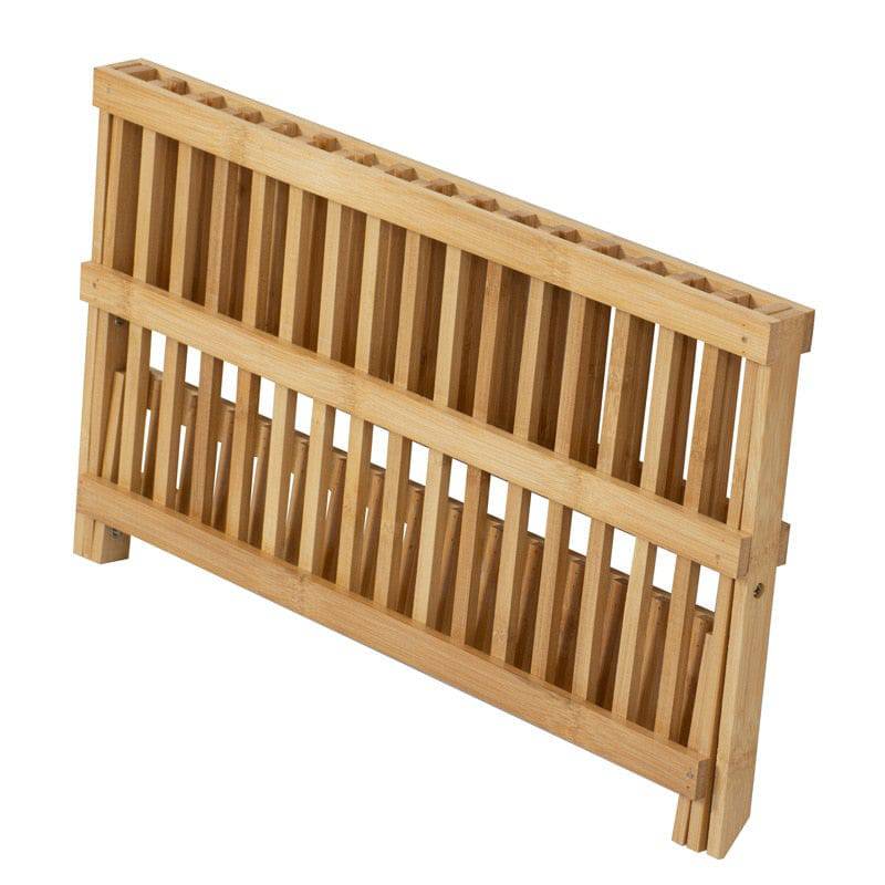 Bamboo double-layer bowl rack with drainage for kitchen storage of bowls, dishes, and cutlery.