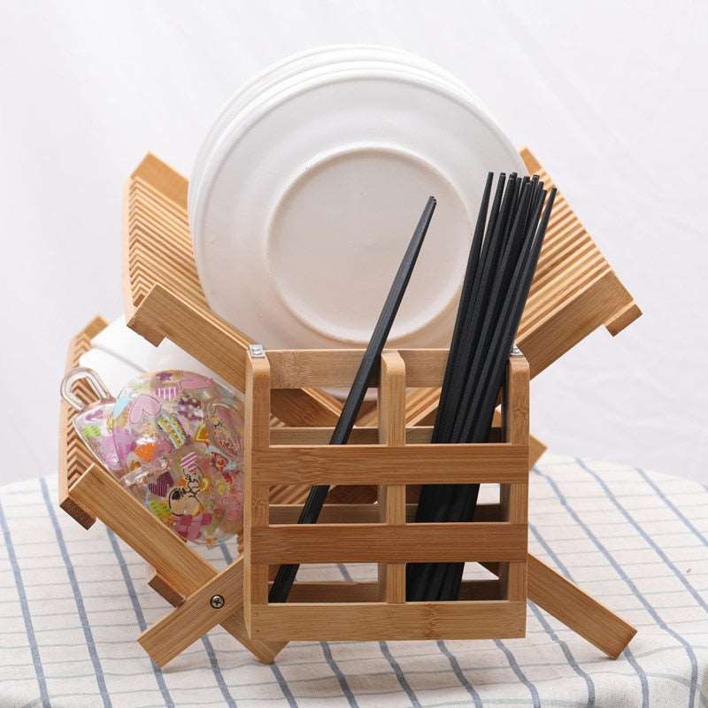 Bamboo double-layer bowl rack with drainage, showcasing kitchen storage for bowls, dishes, and cutlery.