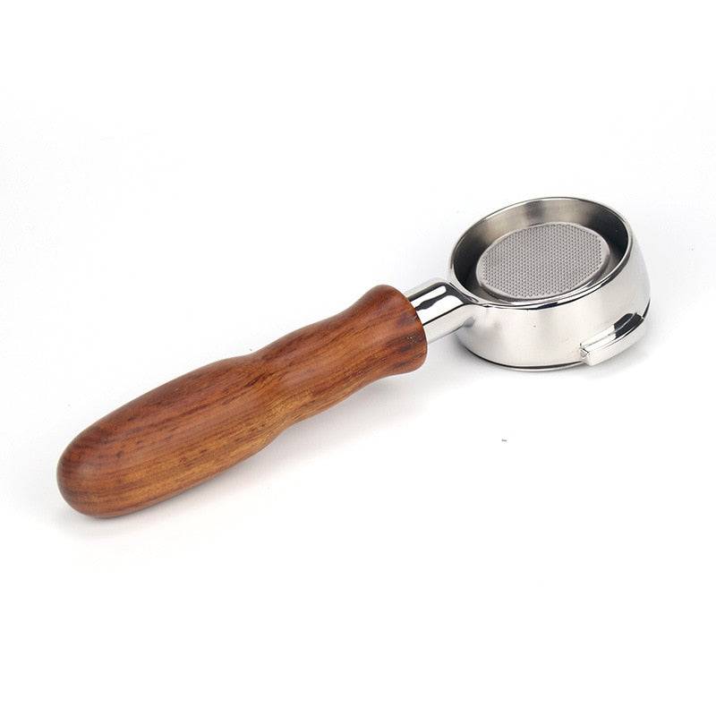 Wooden-handled bottomless portafilter set for espresso machines, fits Expobar and Rocket, by TheWellBeing1, with rosewood finish.