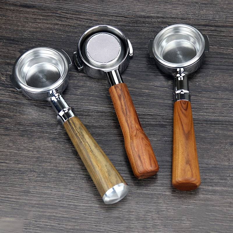 Wooden-handled bottomless portafilter set for espresso machines, compatible with Expobar and Rocket models, by TheWellBeing1.