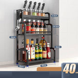 Stainless steel kitchen storage rack with 3 tiers for organizing spices, chopsticks, and knives.