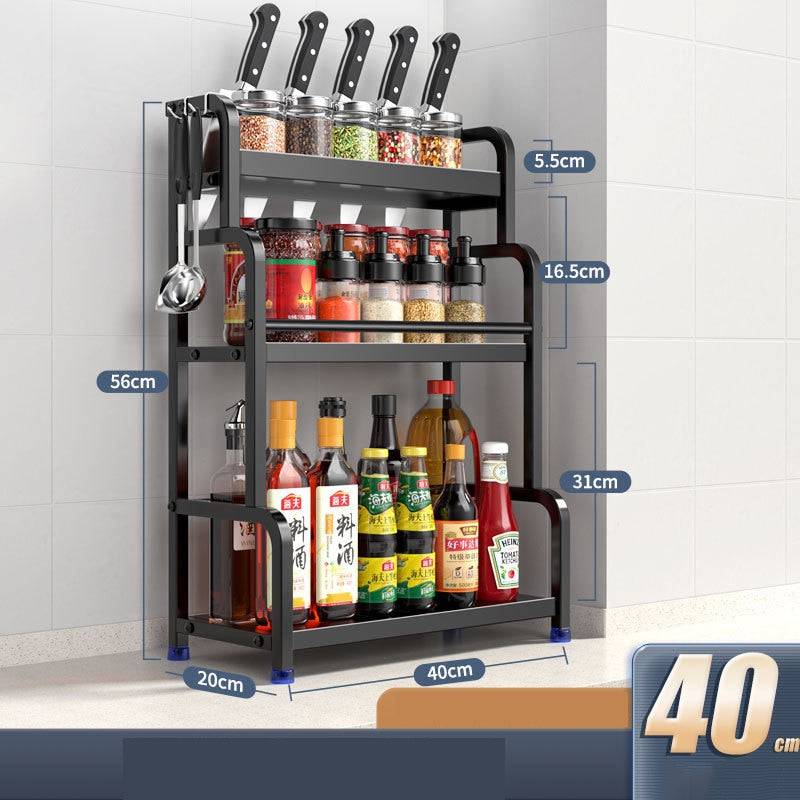 Stainless steel kitchen storage rack with 3 tiers for organizing spices, chopsticks, and knives.