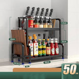 Stainless steel kitchen storage rack with knives, spice jars, and bottles, featuring a 2-tier design and utensil hooks.