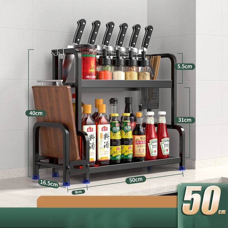 Stainless steel kitchen storage rack with knives, spice jars, and bottles, featuring a 2-tier design and utensil hooks.