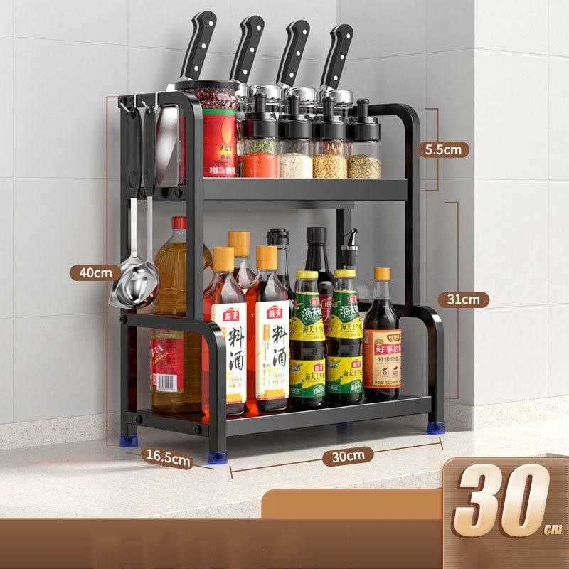 Stainless steel kitchen storage rack with two shelves for spices, knives, and chopsticks.
