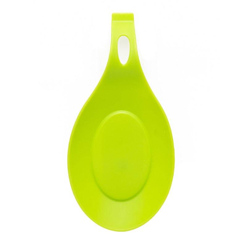 Green plastic spoon holder for kitchen organization, utensil rack, 12.7x14cm size.