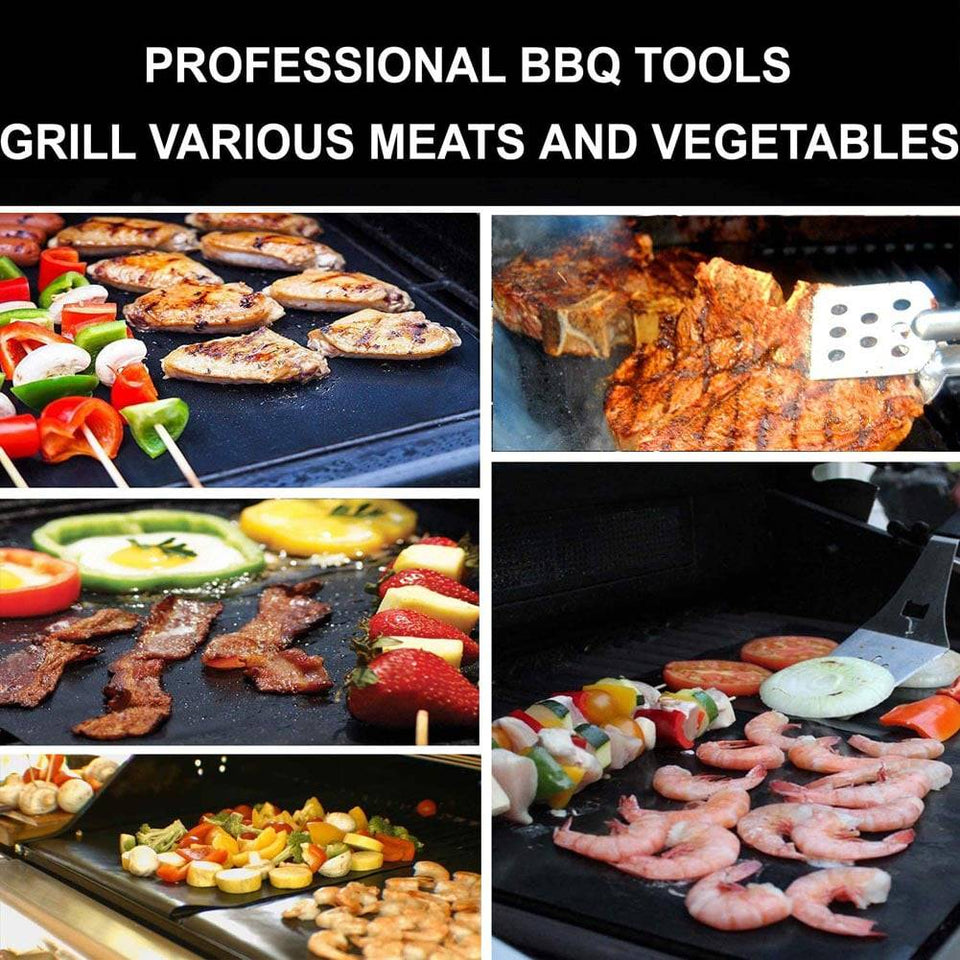 Non-stick 5-piece BBQ grill mats with various foods cooking on a grill.