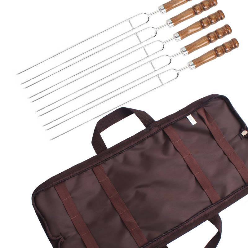 BBQ roasting forks set with wooden handles and carry bag for camping.