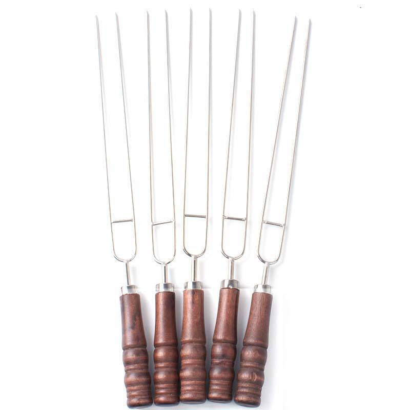 BBQ roasting forks set with wooden handles and stainless steel skewers.
