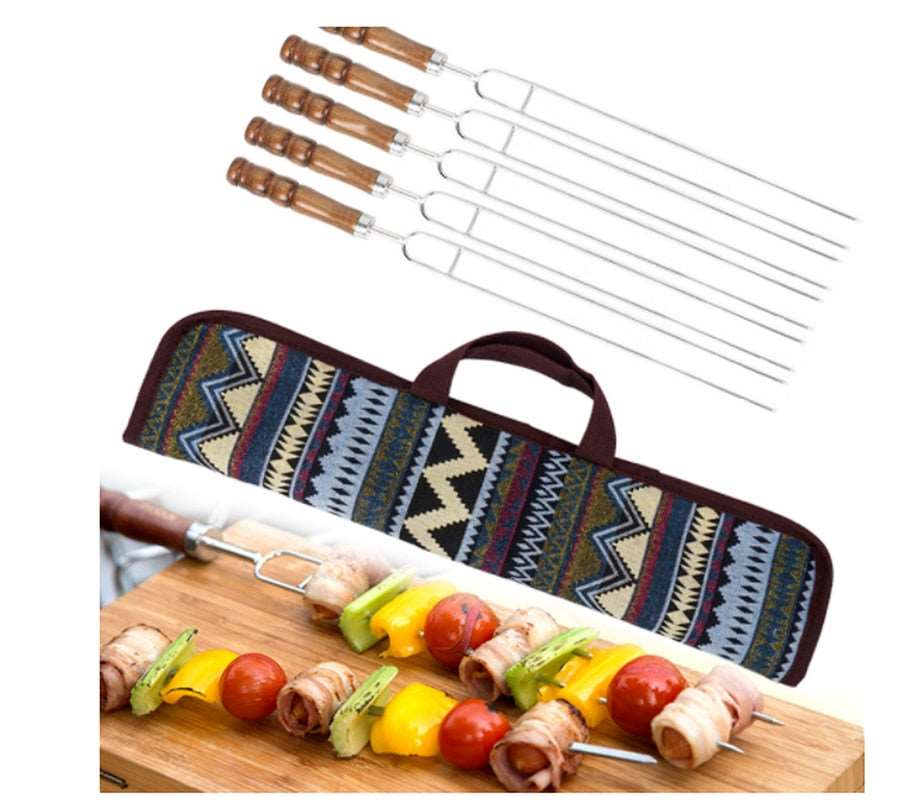 BBQ roasting forks set with colorful storage bag and skewered food.