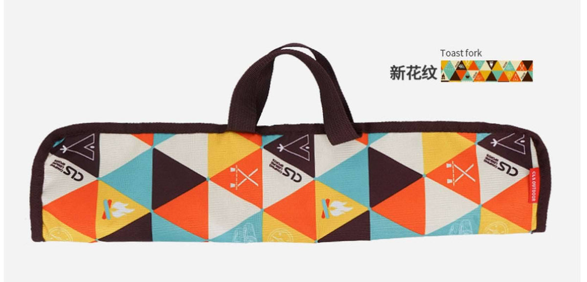 Colorful polyester storage bag for BBQ roasting forks with geometric pattern.