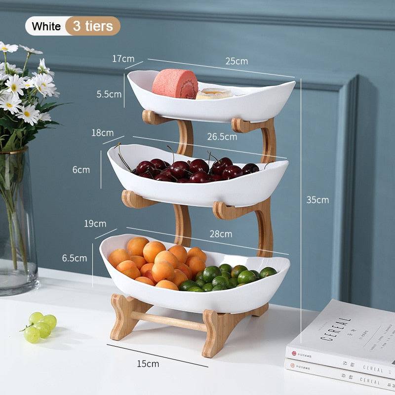 White Fruit Plates With Wood Holder Oval Serving Bowls for Party Food Server Display Stand Plastic Fruit Candy Dish 2/3 Tiers - Culinarywellbeing