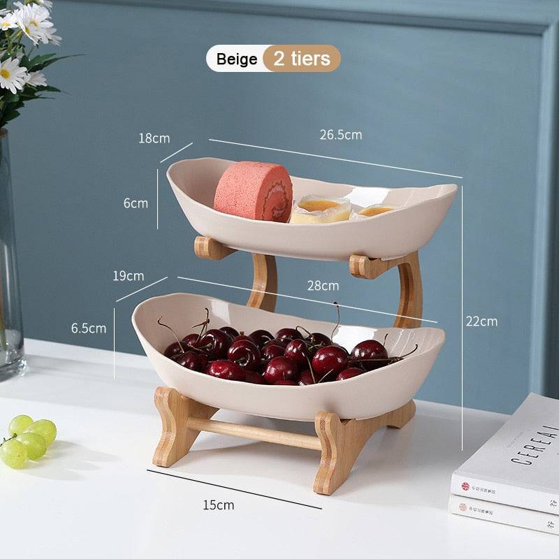 White Fruit Plates With Wood Holder Oval Serving Bowls for Party Food Server Display Stand Plastic Fruit Candy Dish 2/3 Tiers - Culinarywellbeing