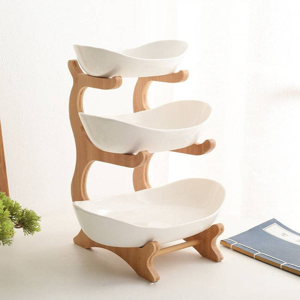 White Fruit Plates With Wood Holder Oval Serving Bowls for Party Food Server Display Stand Plastic Fruit Candy Dish 2/3 Tiers - Culinarywellbeing