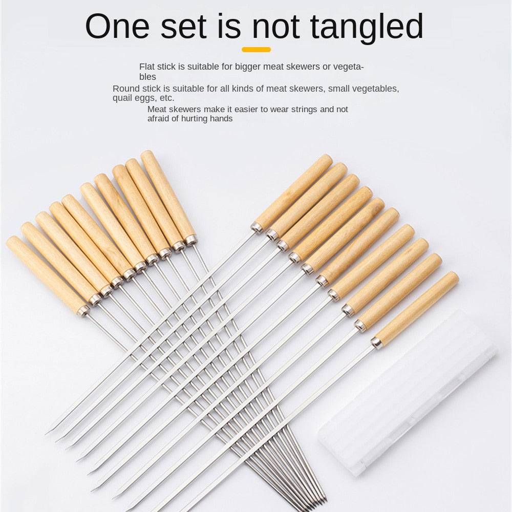 Stainless steel skewers with wooden handles for reusable BBQ grilling.