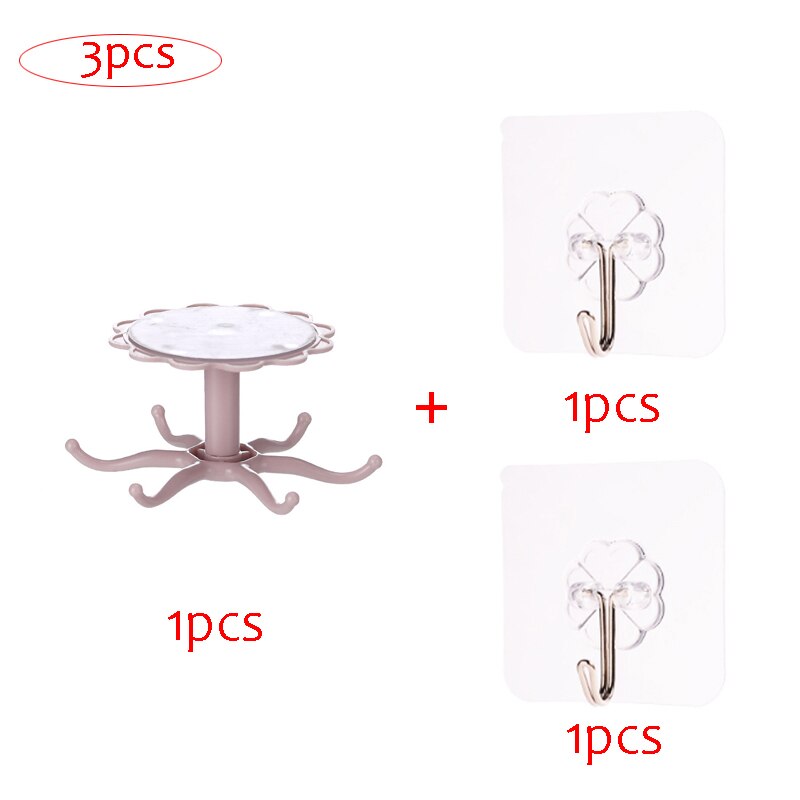 Wall-mounted kitchenware storage rack with rotary hooks and adhesive pads.