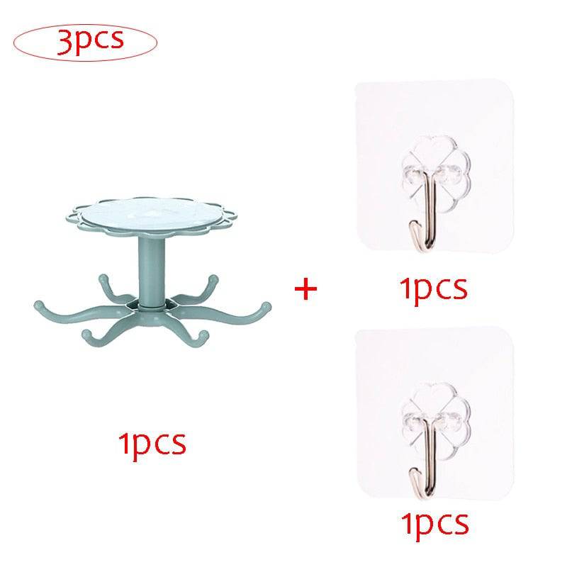 Kitchen Flower Rotary Hook Set with Wall Stickers, 360 Degree Rotating Wall Mounted Kitchenware Storage Rack