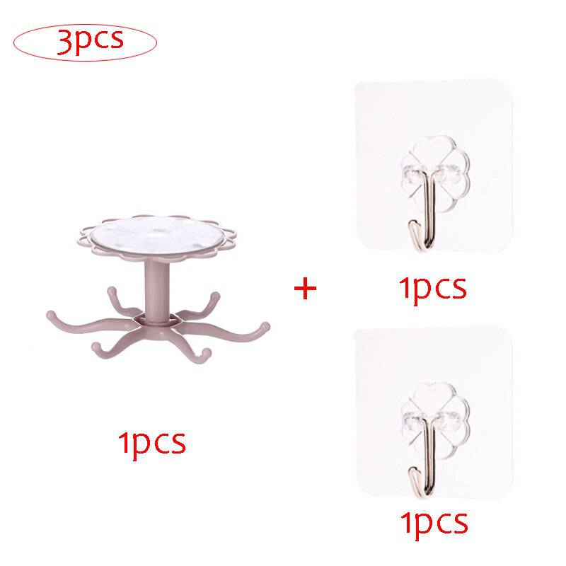 Wall mounted kitchenware storage rack with a flower rotary hook design, featuring eco-friendly ABS material, 360-degree rotation, and strong adherence.