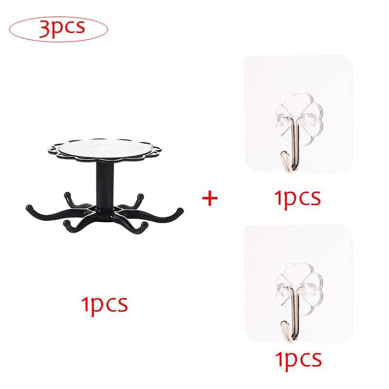 Kitchen Flower Rotary Hook Wall Mounted Kitchenware Storage Rack with Seamless Adhesive Hooks, Black/Grey/Pink.