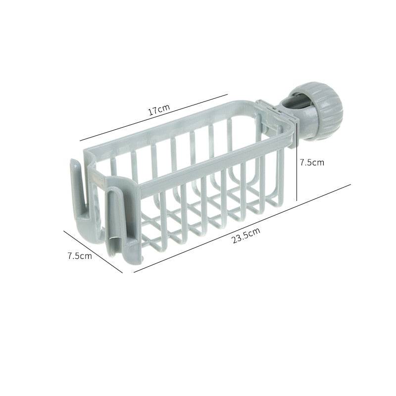 Sink sponge soap cloth drain rack storage organizer in gray with dimensions; compact kitchen or bathroom storage solution.