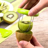 Hand using a Kiwi Cutter Kitchen Detachable Creative Fruit Peeler on a kiwi fruit.