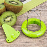 Kiwi Cutter Kitchen Detachable Creative Fruit Peeler on wooden surface with fresh kiwi slices and green handle.