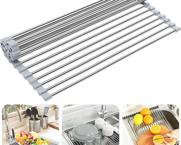 Foldable Stainless Steel Dish Drainer Roll Up Dish Drying Rack Shelf KãMULTI-PURPOSEã: Our dish rack over the sink can not only be used as a dish drying mat to air-dry washed plates, dishes, bowls, bottles, cups, etc, but also as aTheWellBeing1Sink Holder Bowl Tableware Plate StorageCulinaryWellBeing