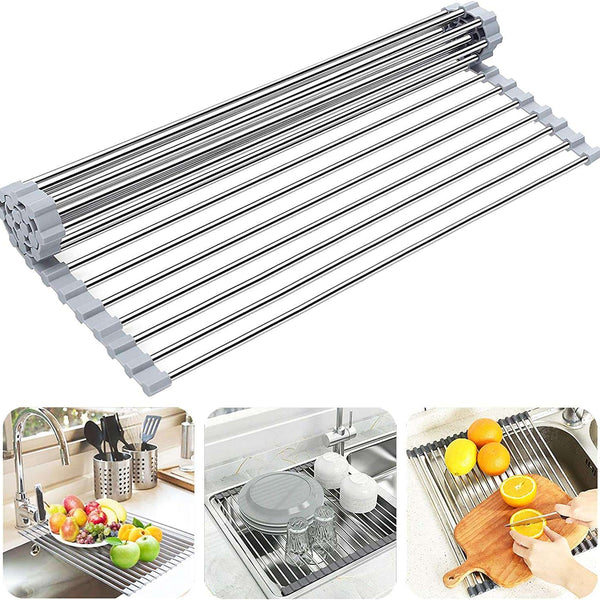 Foldable Stainless Steel Dish Drainer Roll Up Dish Drying Rack Shelf Kitchen Over The Sink Holder Bowl Tableware Plate Storage - Culinarywellbeing