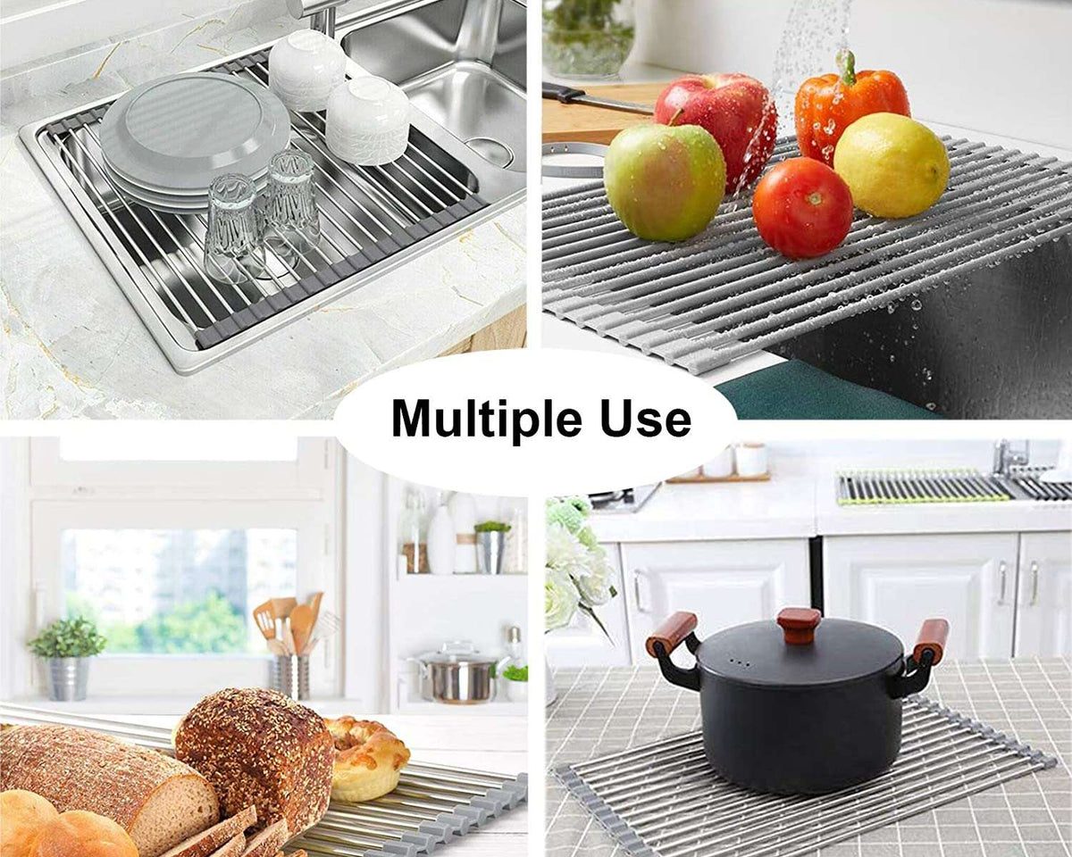 Foldable Stainless Steel Dish Drainer Roll Up Dish Drying Rack Shelf KãMULTI-PURPOSEã: Our dish rack over the sink can not only be used as a dish drying mat to air-dry washed plates, dishes, bowls, bottles, cups, etc, but also as aTheWellBeing1Sink Holder Bowl Tableware Plate StorageCulinaryWellBeing