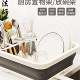 Foldable dish rack kitchen drainer tool with utensils and dishes for organized drying