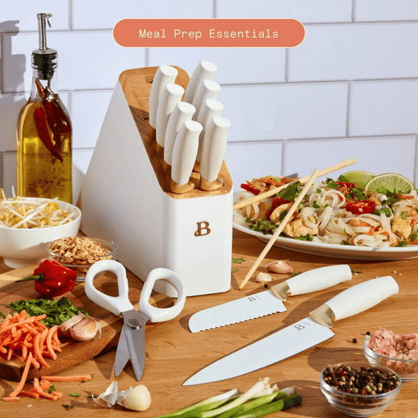 Knife Block Set with Soft-Grip Ergonomic Handles White and Gold - Culinarywellbeing