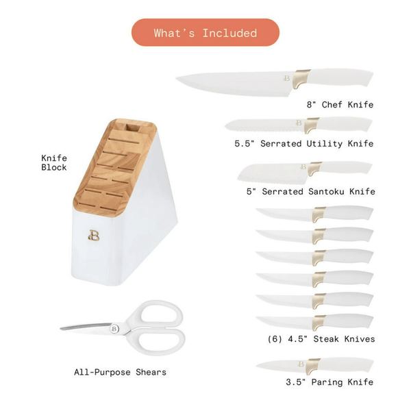 Knife Block Set with Soft-Grip Ergonomic Handles White and Gold - Culinarywellbeing