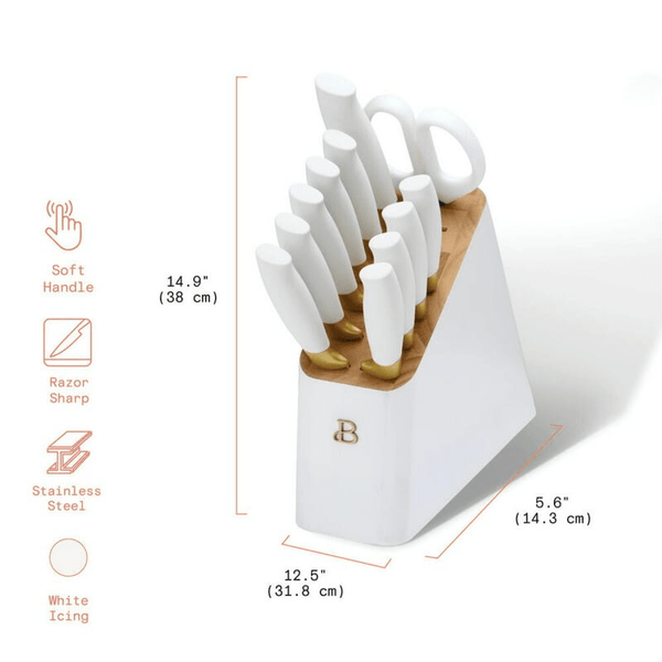 Knife Block Set with Soft-Grip Ergonomic Handles White and Gold - Culinarywellbeing