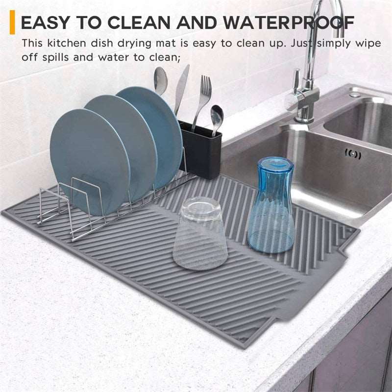 Foldable insulated soft rubber sink mat, anti-slip, easy to clean, waterproof, gray silicone drying pad.